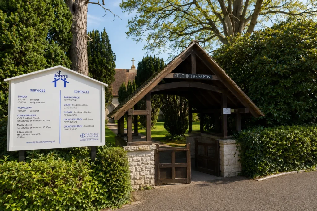Exterior view of St John’s Church in Poole, showing the wooden lychgate, church sign, leafy churchyard entrance, mature trees and the church partly visible behind the greenery.