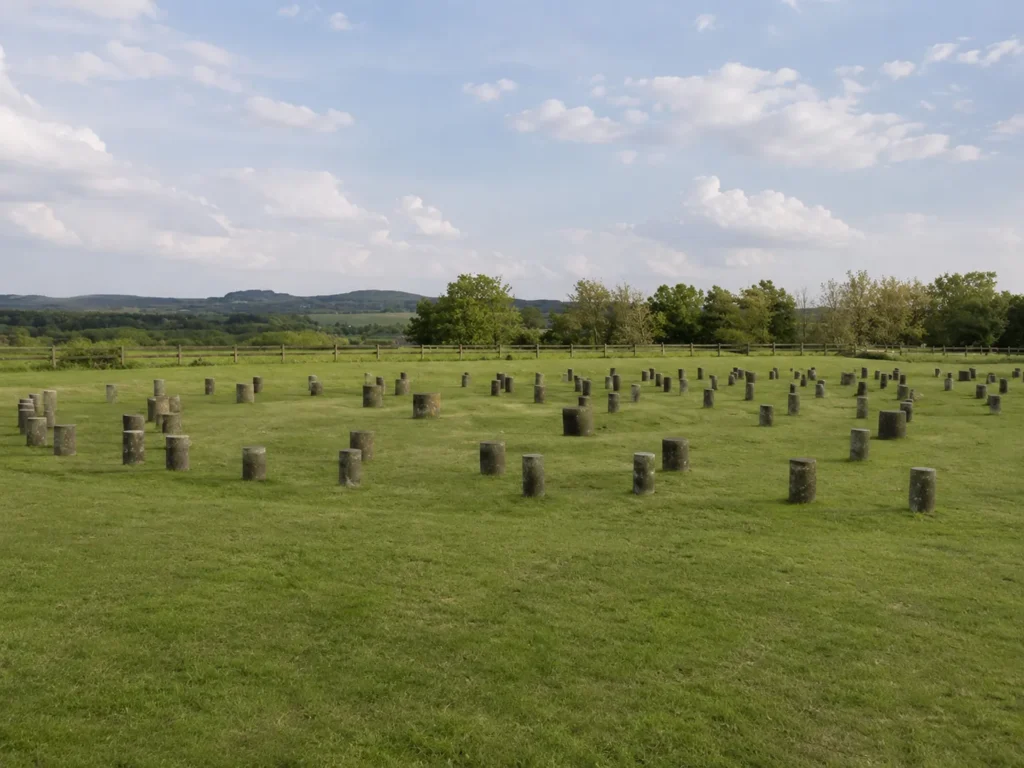 View of Woodhenge near Amesbury, showing the concrete post markers arranged across a grassy field, with surrounding countryside, trees and a bright sky with scattered clouds.