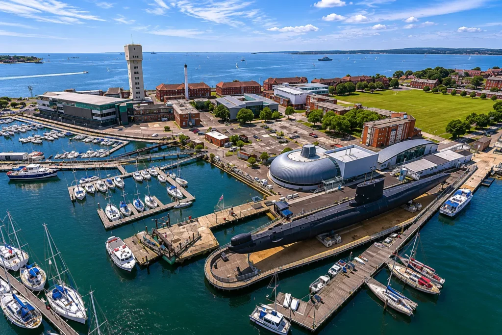 Aerial view of the Royal Navy Submarine Museum in Gosport, showing the historic submarine display, marina, museum buildings, nearby naval grounds and views across the Solent on a bright sunny day.
