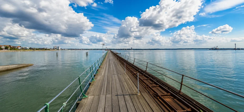 Professional wide-angle view from Hythe Pier across Southampton Water, showing the long wooden walkway, metal railings, calm blue water, distant shoreline and dramatic clouds in the sky.