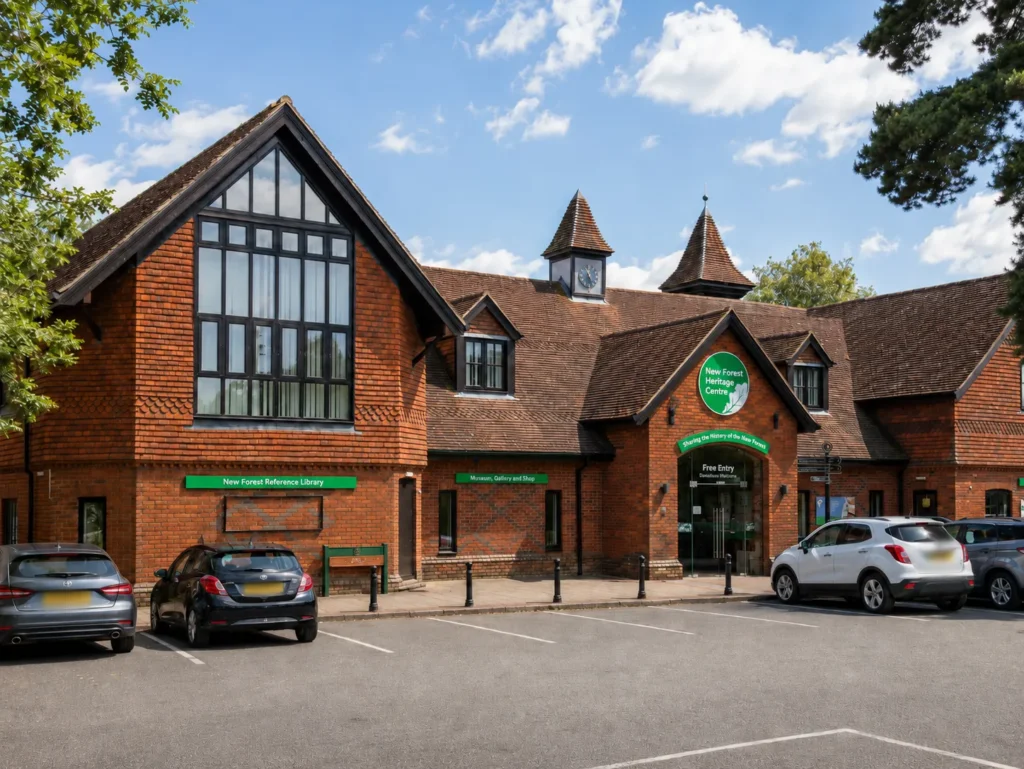 Professional exterior view of the New Forest Heritage Centre in Lyndhurst, showing the red-brick building, tiled roof, clock turret, entrance signage, parked cars with blurred number plates and a sunny blue sky.