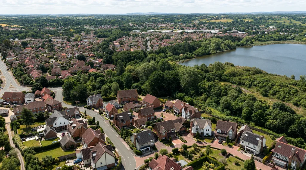 Aerial view of Romsey, Hampshire, showing residential streets, surrounding greenery and a large lake beside the town.