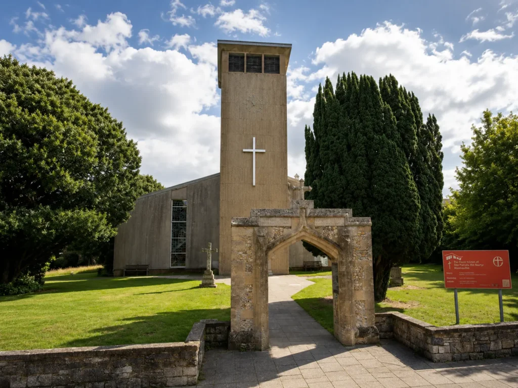 Exterior view of St George’s Church in Waterlooville, showing the modern church tower, stone entrance arch, surrounding trees, churchyard lawn and bright sky with clouds.