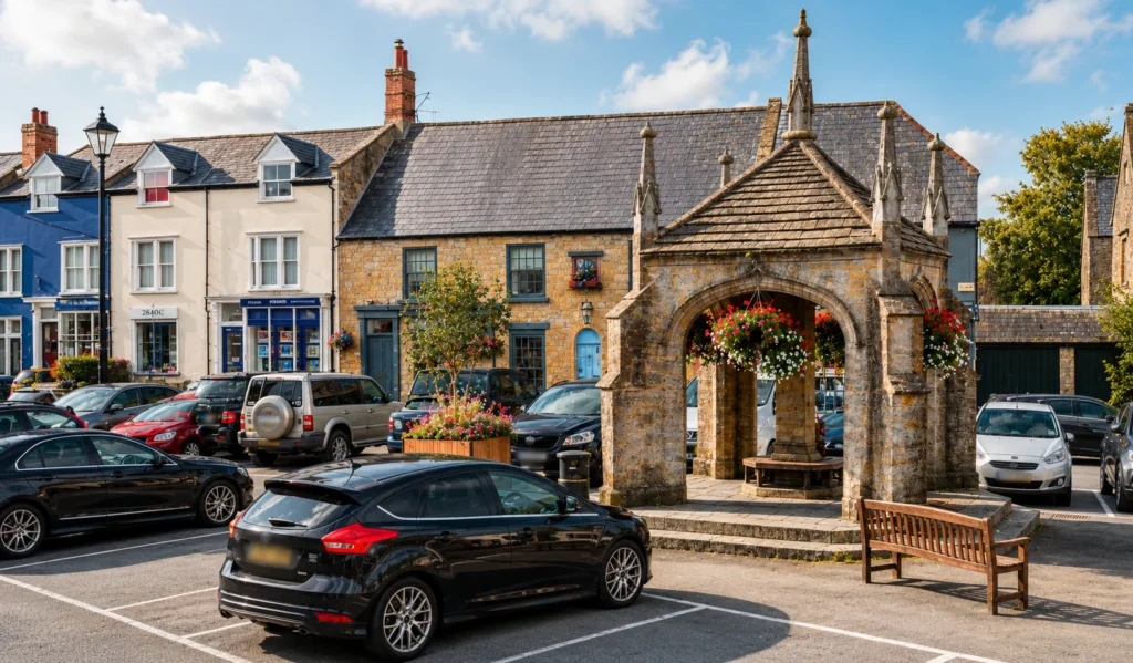 Robinson Memorial in Beaminster town square, surrounded by parked cars, historic stone buildings and hanging flower baskets.