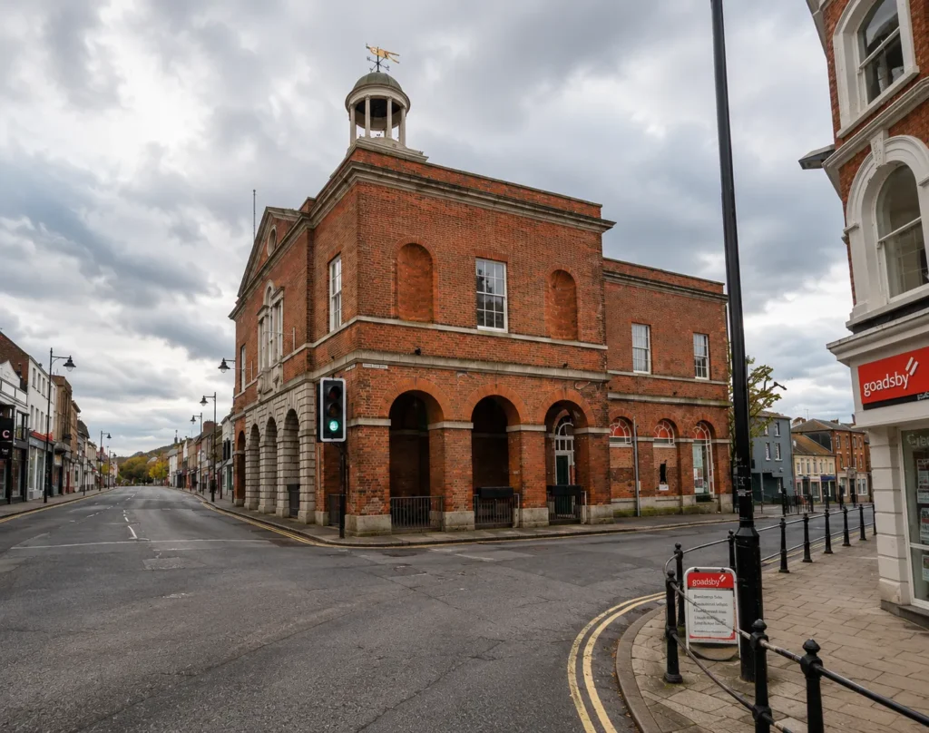 Bridport Town Hall on a quiet town centre street with historic red-brick architecture and traffic lights.