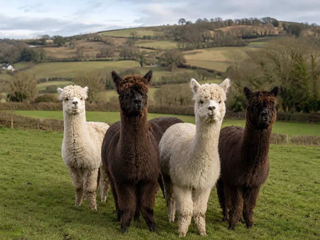 Professional photo of alpacas in a grassy field in Corfe Mullen, with rolling countryside, hedgerows and trees in the background under a cloudy sky.