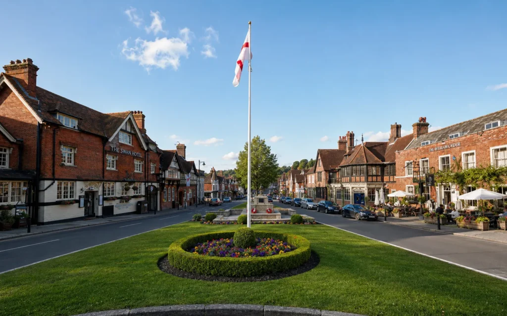 Haslemere town centre with a landscaped flag roundel, historic red-brick buildings and shops on both sides of the road under a clear blue sky.
