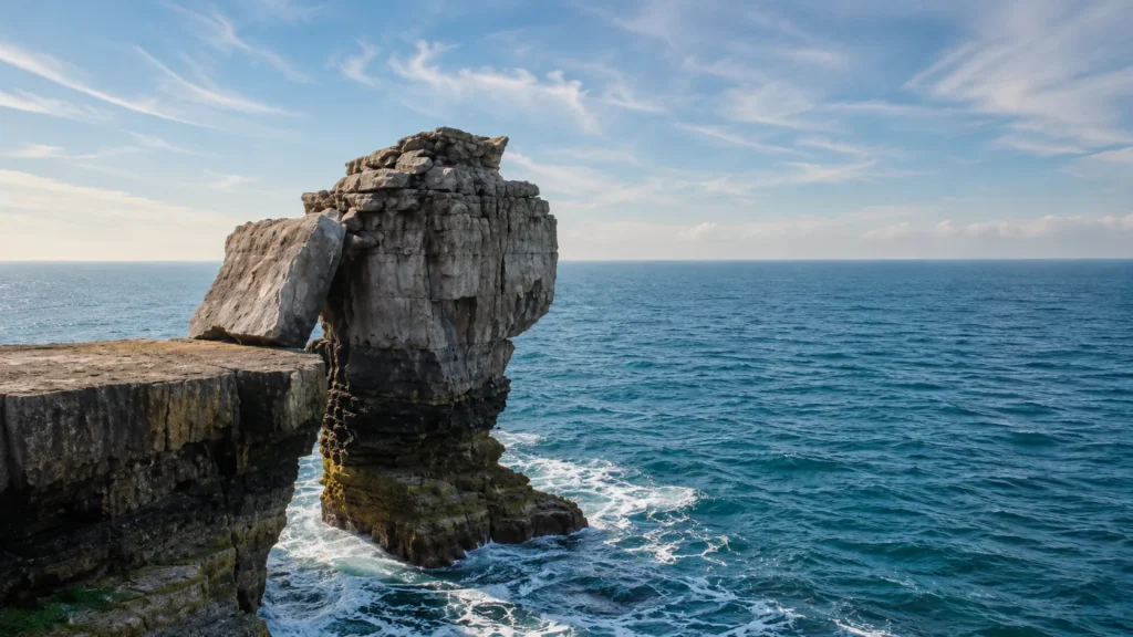 Pulpit Rock in Portland, Dorset, with waves surrounding the coastal limestone formation.