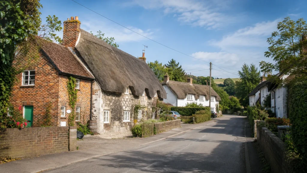 Photo of a road in Shrewton with thatched roof houses along the side