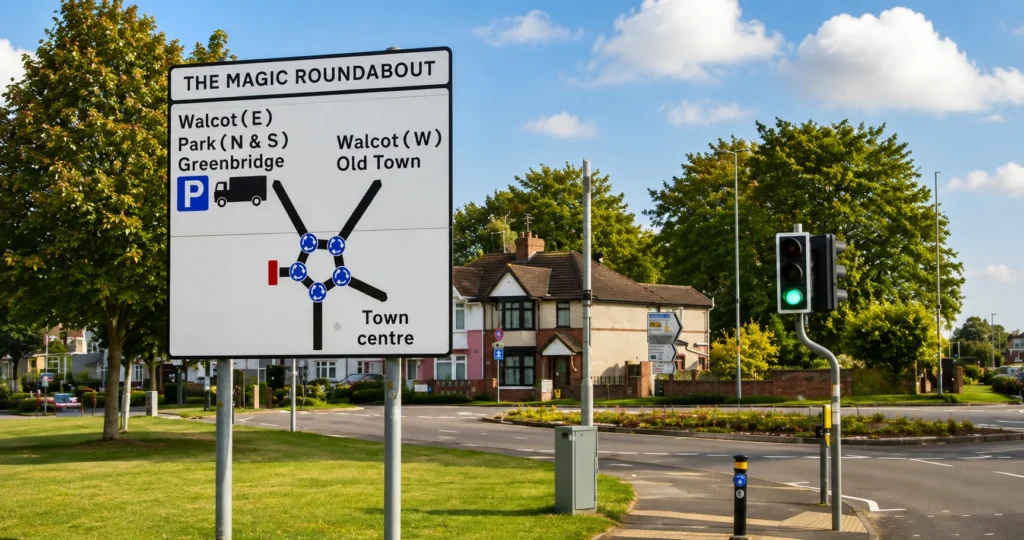 Magic Roundabout road sign in Swindon with traffic lights, greenery and suburban homes in the background.