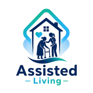 Logo-style icon for assisted living, showing a caregiver supporting an elderly resident with a walking stick inside a house outline, with blue and teal branding and the words Assisted Living underneath.