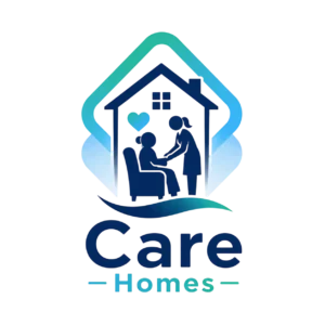 Logo-style icon showing two people in a care home setting, with a house, supportive hands and heart symbol inside a blue and teal frame, representing care home clearance support.