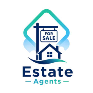 Logo-style icon showing a house with a for sale sign inside a blue and teal frame, representing estate agent property clearance and sale preparation support.