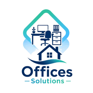 Alt text: Logo-style icon showing an office desk, chair, computer, filing cabinet and house inside a blue and teal frame, representing office clearance and workplace waste removal solutions.